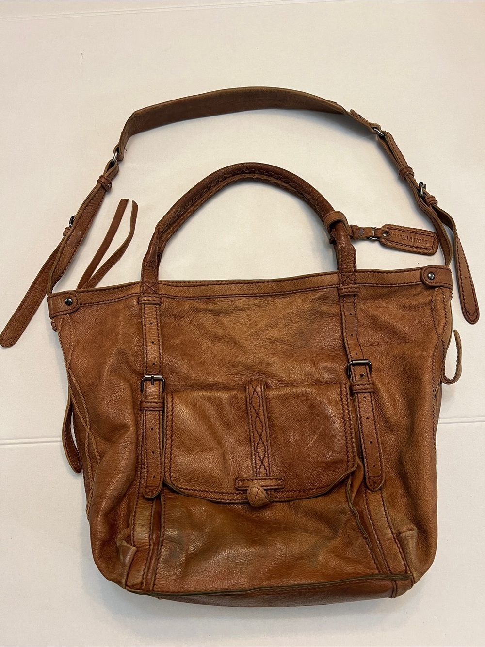 Y2K ISABELLA FIORE BROWN LEATHER SHOULDER BAG DISTRESSED WOVEN SIDE